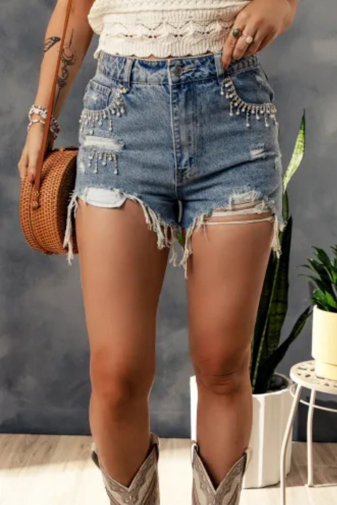 Denim Rhinestone Tassle Shorts